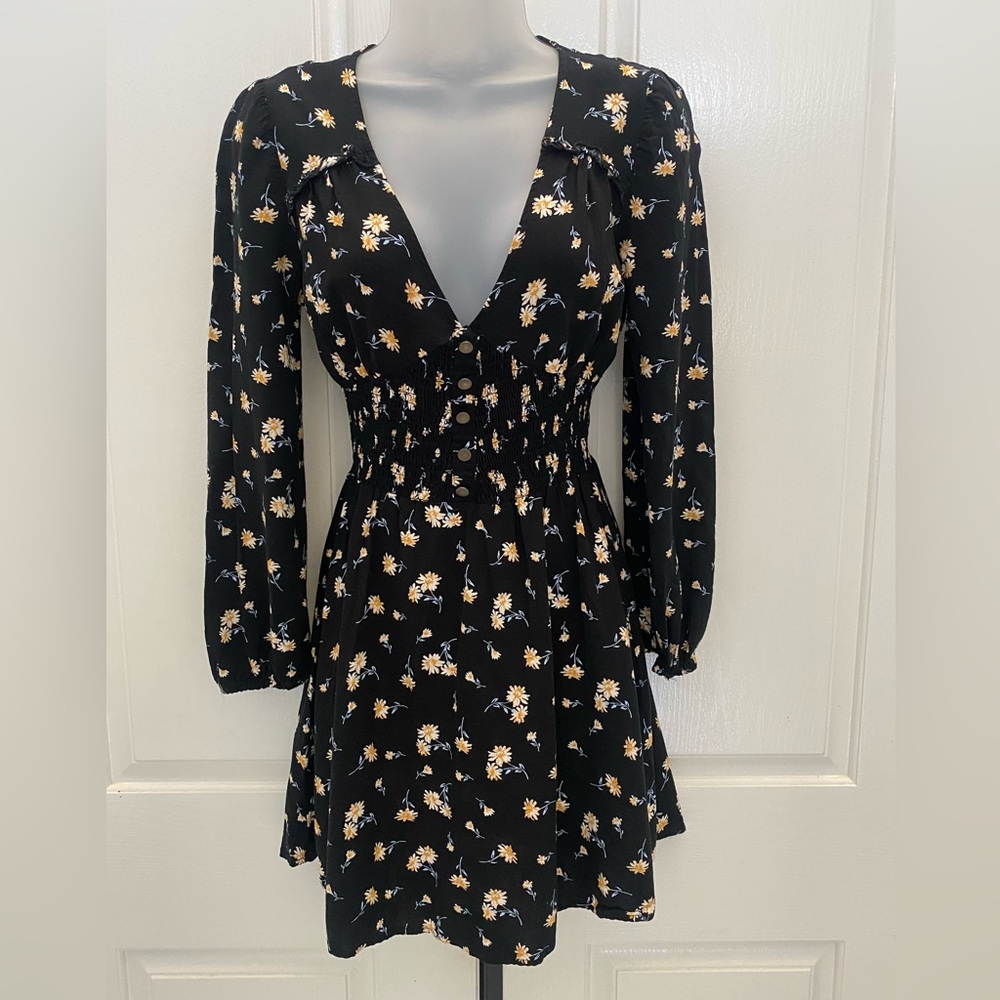 Floral Black Smocked-Waist Dress Sz S